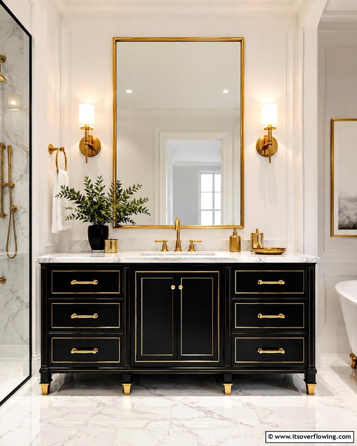 Black Vanity with Gold Accents for Luxury - 25 Black Vanity Bathroom Ideas for a Sleek and Stylish Look