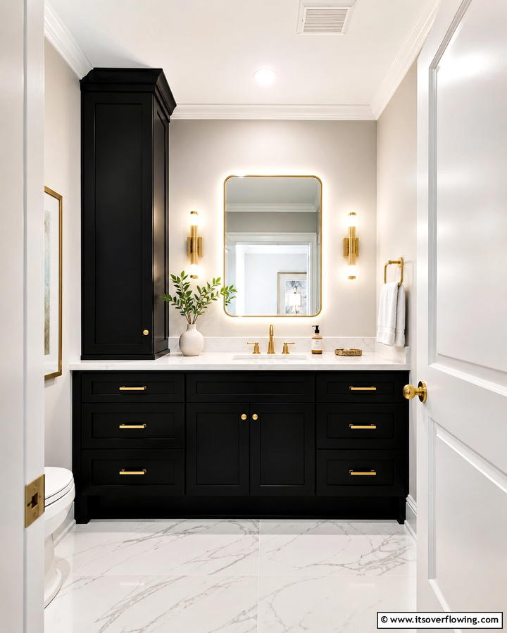 Black Vanity with Gold Hardware - 25 Luxurious Black and Gold Powder Room Ideas for Elegance