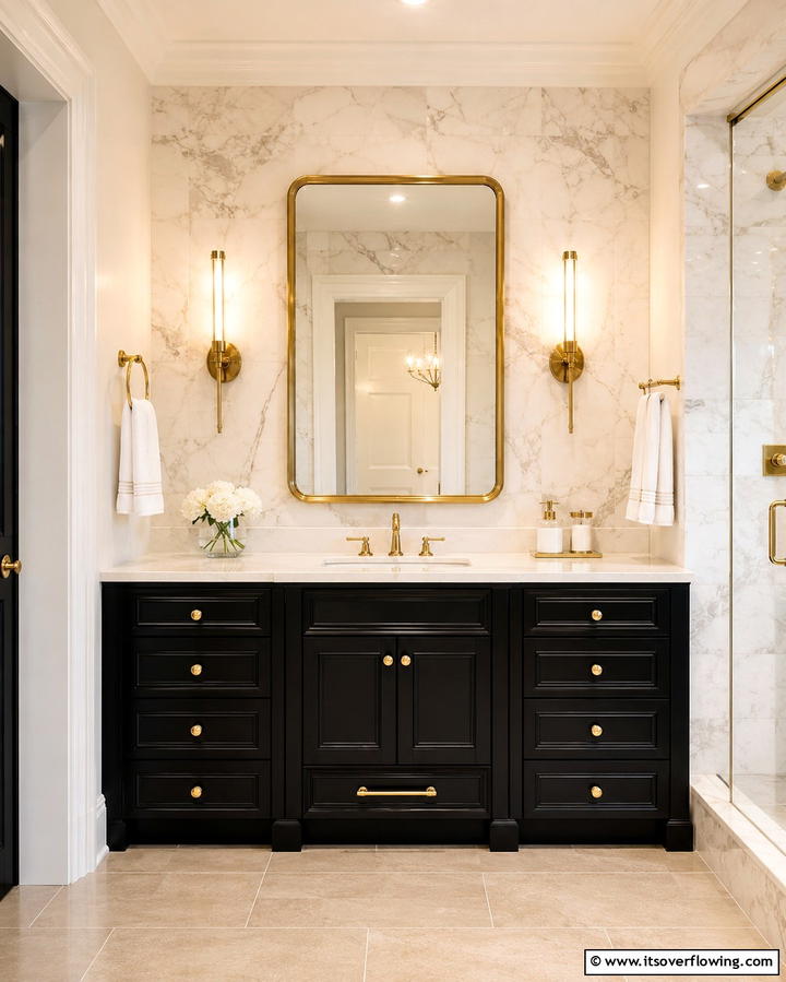 Black Vanity with Gold Hardware for Luxury - 25 Black Vanity Bathroom Ideas for a Sleek and Stylish Look