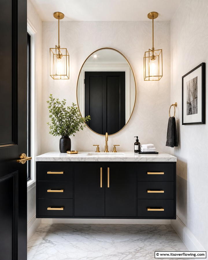 Black Vanity with Gold Hardware - 25 Elegant Black Powder Room Ideas for a Bold Look