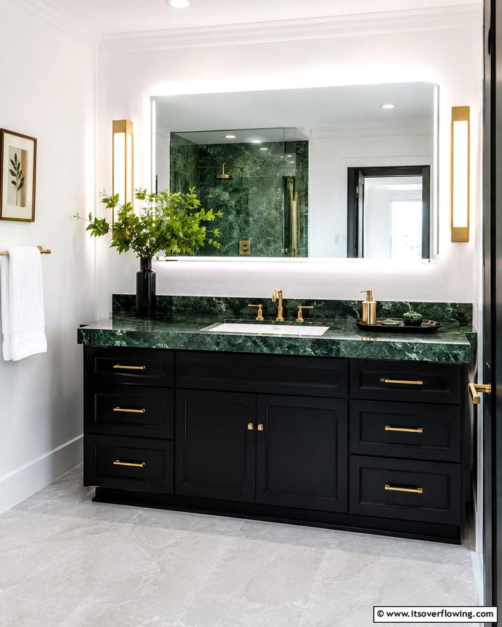 Black Vanity with Green Marble Countertop - 25 Black and Green Bathroom Ideas for Bold Style