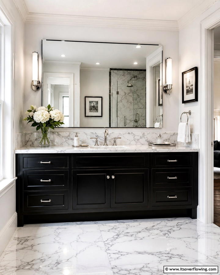 Black Vanity with Marble Accents for Sophistication - 25 Black Vanity Bathroom Ideas for a Sleek and Stylish Look