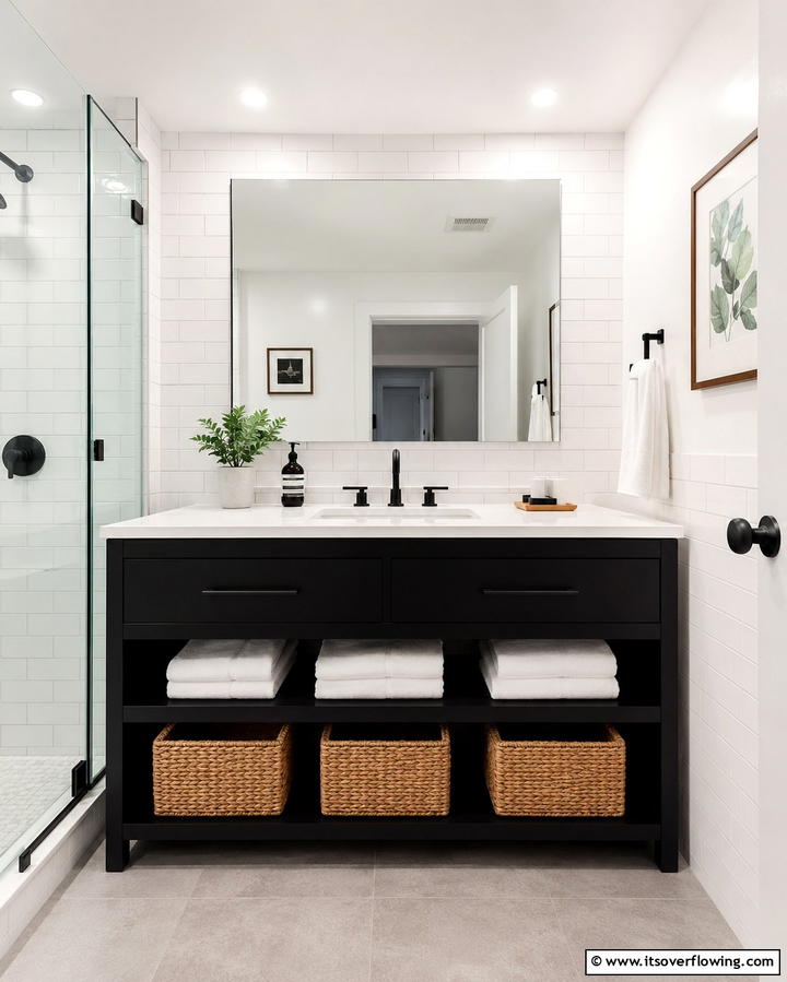 Black Vanity with Open Shelving for Accessibility - 25 Black Vanity Bathroom Ideas for a Sleek and Stylish Look