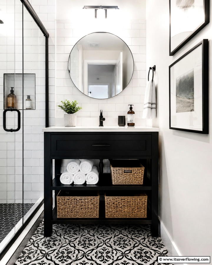 Black Vanity with Open Shelving for Versatility - 25 Black Vanity Bathroom Ideas for a Sleek and Stylish Look