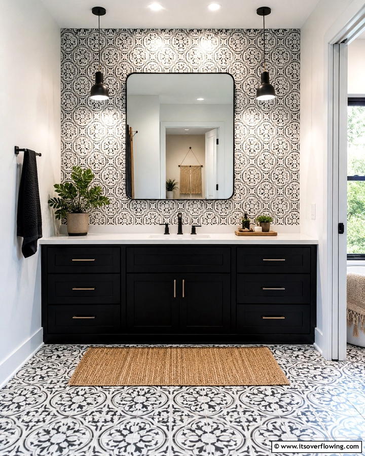Black Vanity with Patterned Tiles for Visual Interest - 25 Black Vanity Bathroom Ideas for a Sleek and Stylish Look