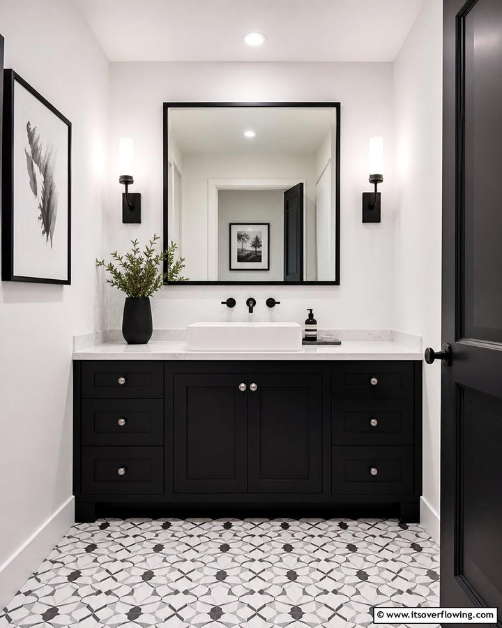 Black Vanity with White Countertop - 20 Black and White Powder Room Ideas for a Classic Style