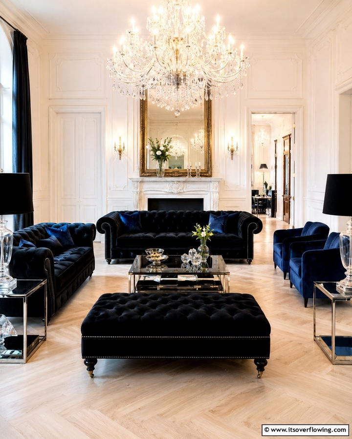 Black Velvet Upholstery - 30 Bold Black Living Room Designs for Dramatic Modern Spaces