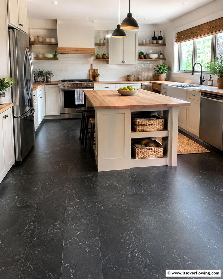 Black Vinyl Flooring for Durability and Comfort - 25 Black Kitchen Floor Ideas for a Sleek and Stylish Space