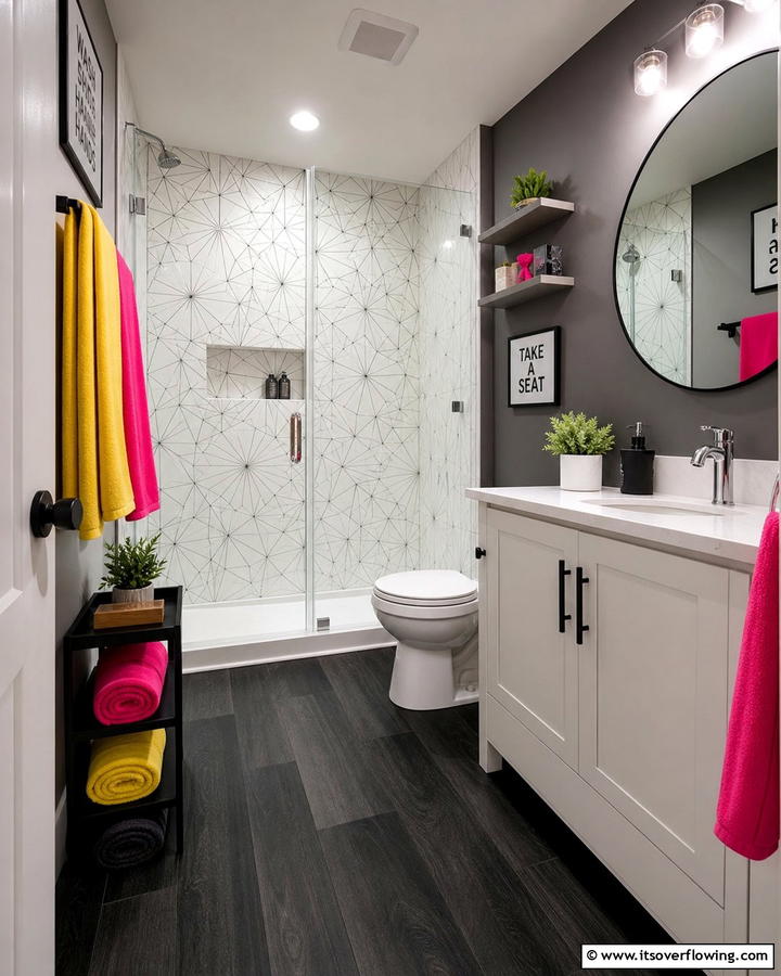 Black Vinyl Floors with White Geometric Walls - 20 Black Floor Bathroom With White Walls Ideas for Contrast
