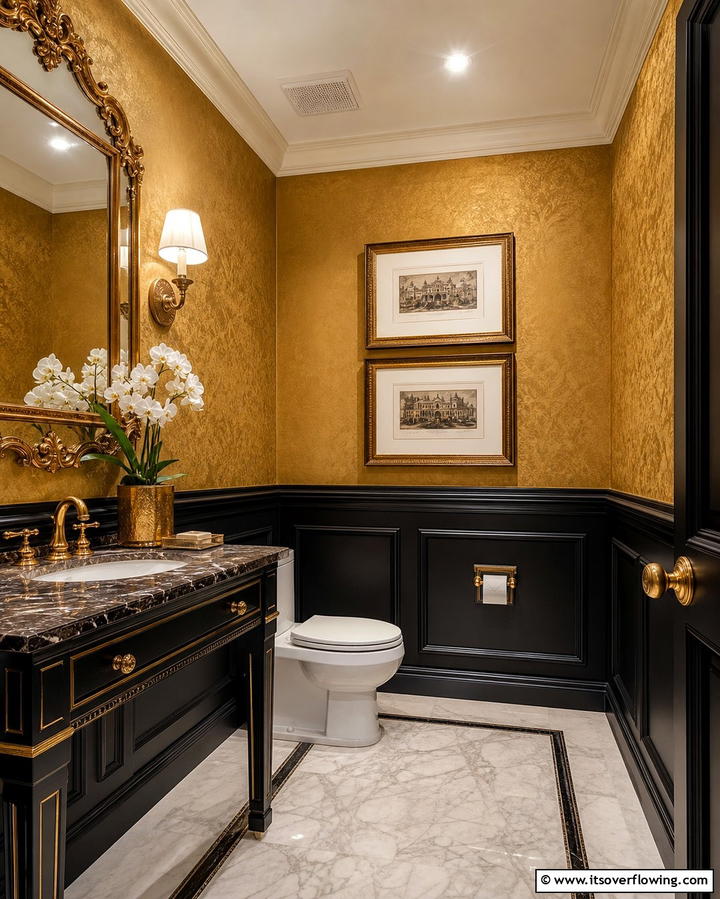 Black Wainscoting with Gold Accented Walls - 25 Luxurious Black and Gold Powder Room Ideas for Elegance