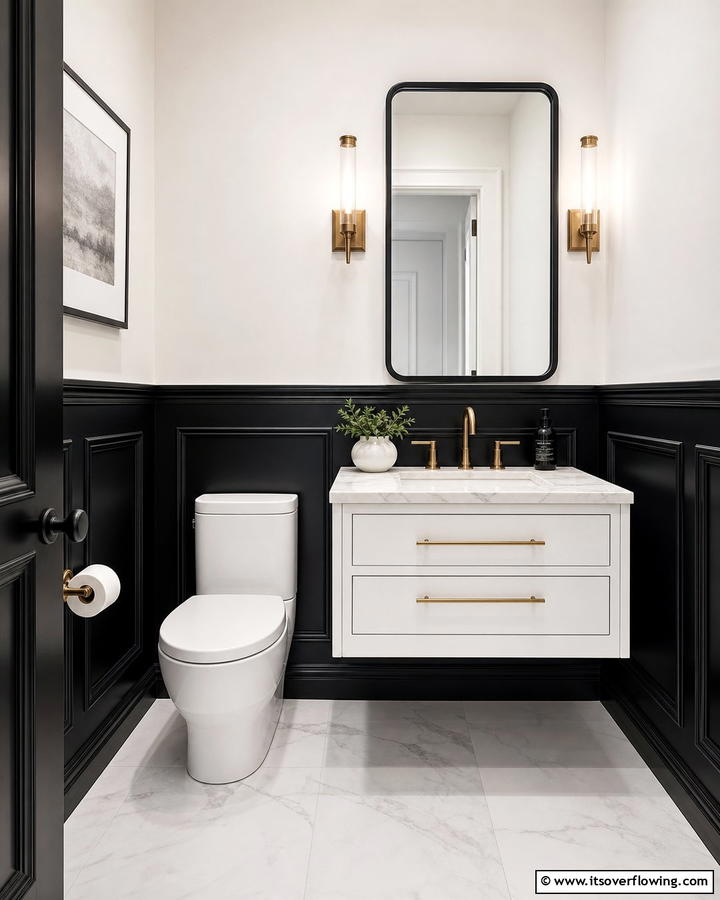 Black Wainscoting with White Walls - 20 Black and White Powder Room Ideas for a Classic Style