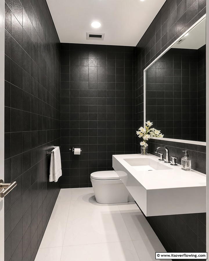 Black Wall Tiles with White Fixtures - 20 Black and White Powder Room Ideas for a Classic Style
