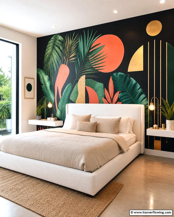 Black Wall with Artistic Murals - 25 Black Accent Wall Bedroom Ideas for Drama