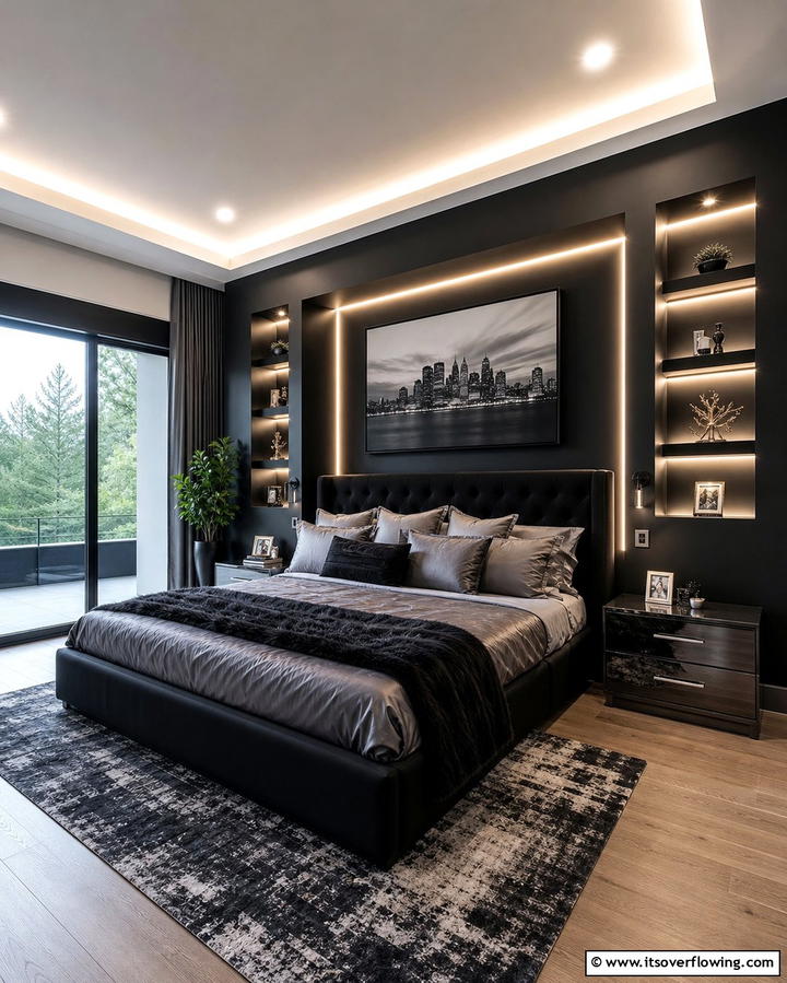 Black Wall with Built In Lighting - 25 Black Accent Wall Bedroom Ideas for Drama