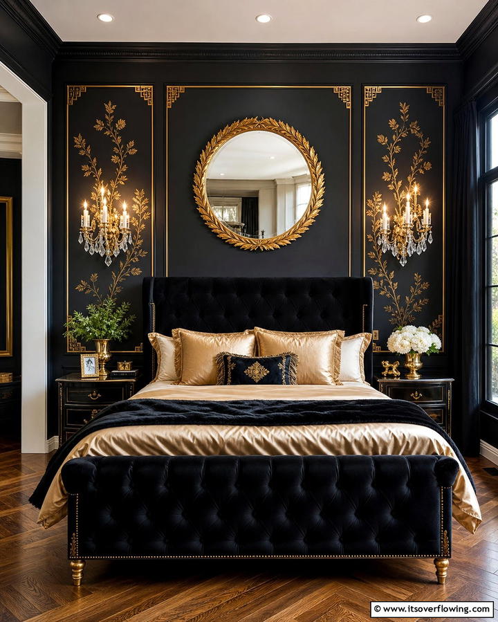 Black Wall with Golden Accents - 25 Black Accent Wall Bedroom Ideas for Drama