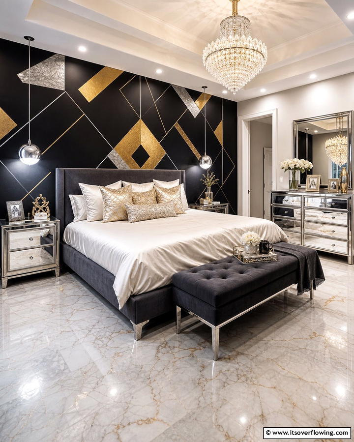 Black Wall with Metallic Patterns - 25 Black Accent Wall Bedroom Ideas for Drama