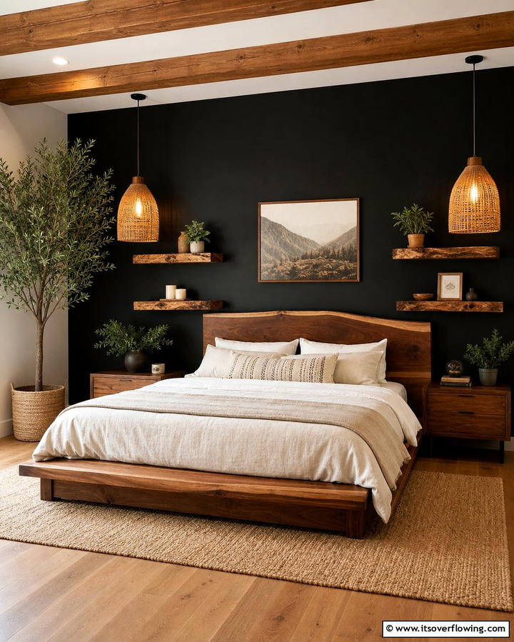 Black Wall with Wooden Accents - 25 Black Accent Wall Bedroom Ideas for Drama