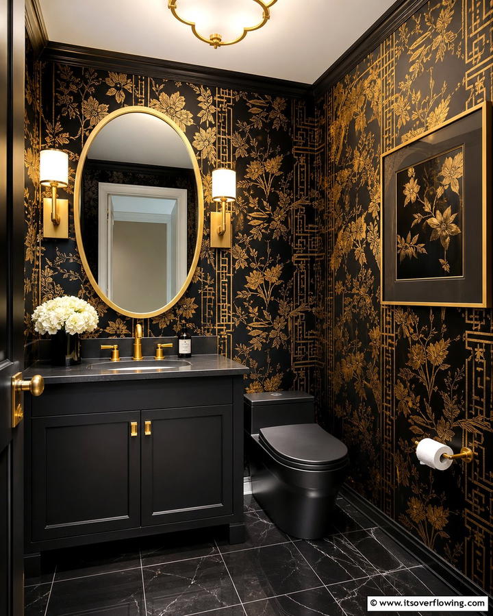 Black Wallpaper with Gold Patterns - 25 Luxurious Black and Gold Powder Room Ideas for Elegance