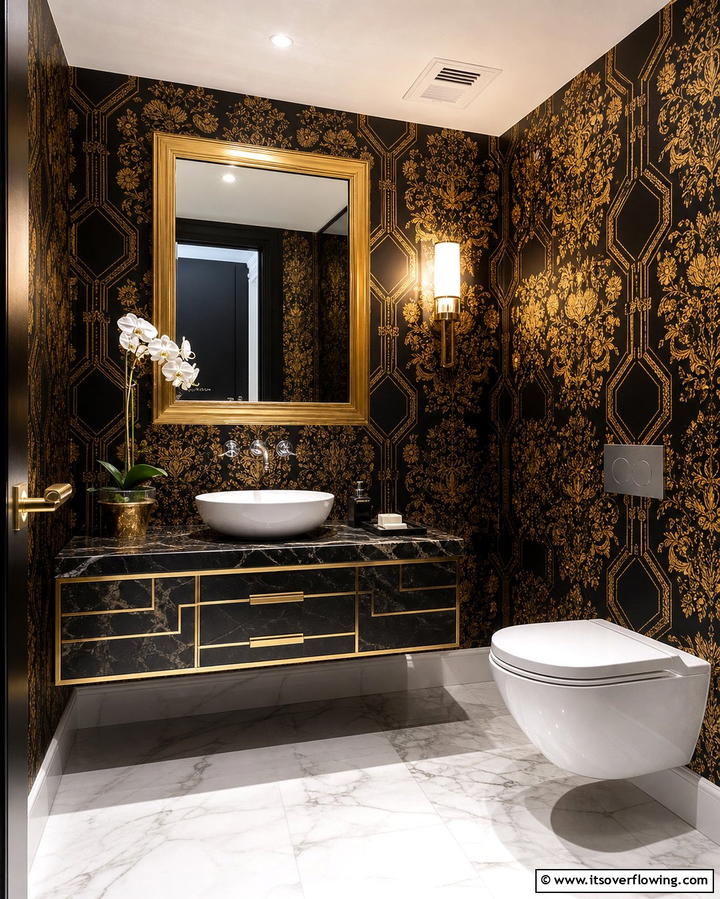 Black Wallpaper with Metallic Accents - 25 Elegant Black Powder Room Ideas for a Bold Look