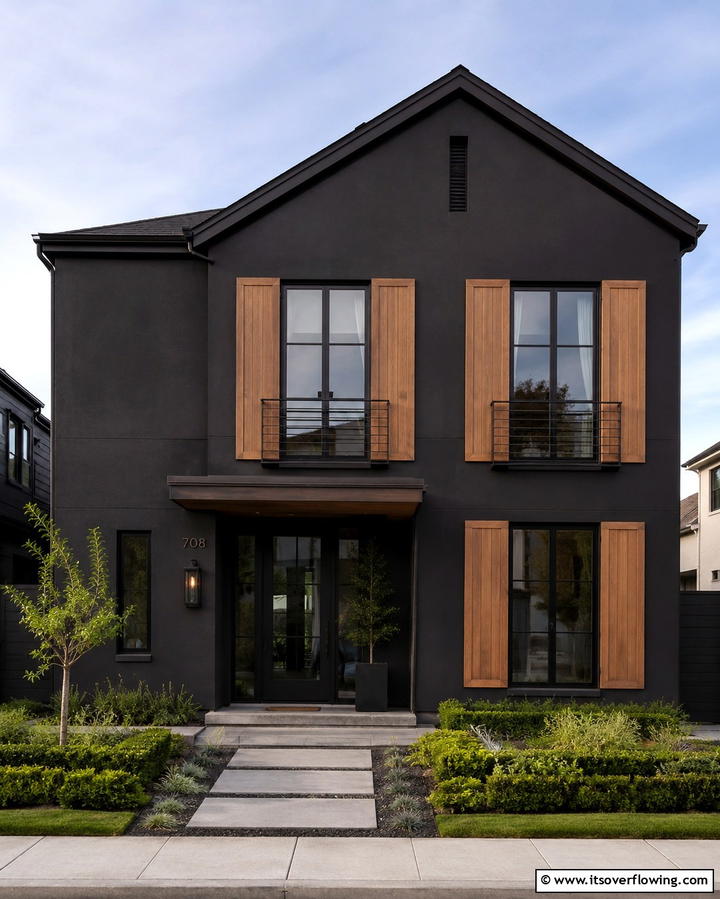 Black Walls with Cedar Shutters - 30 Modern Black Houses with Cedar Accents for Striker Exteriors