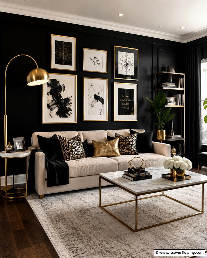 Black Walls with Gold Framed Artwork - 25 Black and Gold Living Room Ideas for a Luxurious Feel