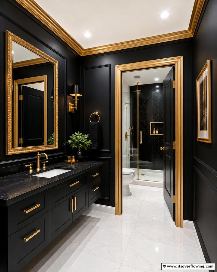 Black Walls with Gold Trim - 25 Black and Gold Bathroom Ideas for a Glamorous Space