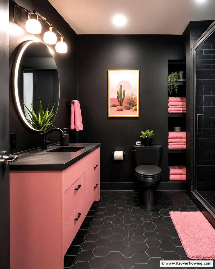 Black Walls with Pink Accents - 25 Pink and Black Bathroom Ideas for a Bold and Chic Look