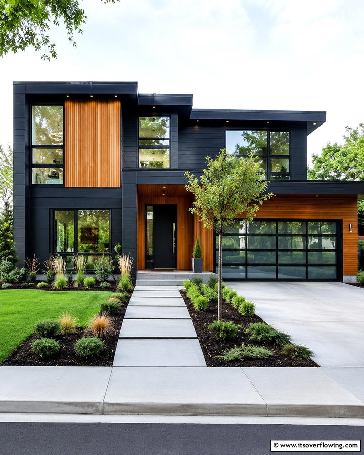 Black Walls with Wooden Accent Panels - 25 Black House With Wood Accents Ideas for a Bold Design
