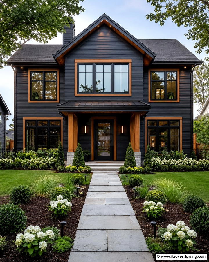 Black Windows with Wooden Frames - 25 Black House With Wood Accents Ideas for a Bold Design