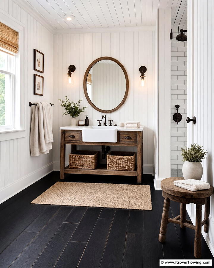 Black Wooden Floors with White Beadboard Walls - 20 Black Floor Bathroom With White Walls Ideas for Contrast