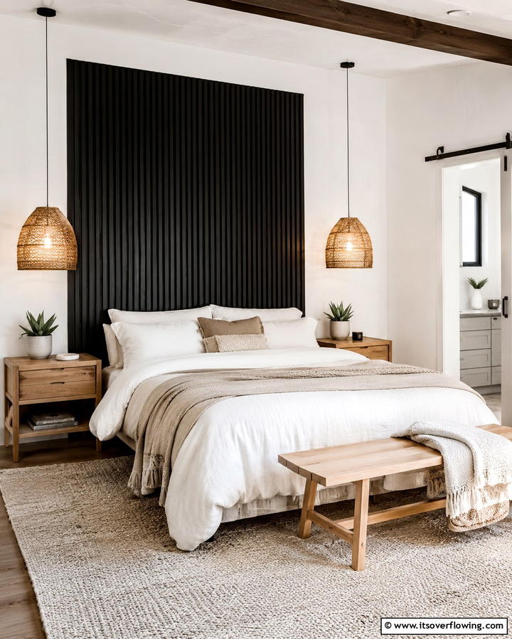 Black Wooden Slatted Headboard - 25 Black Headboard Bedroom Ideas for a Bold Statement