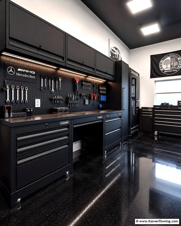 Black Workbench with LED Lighting - 25 Black Garage Ideas for a Sleek and Functional Space