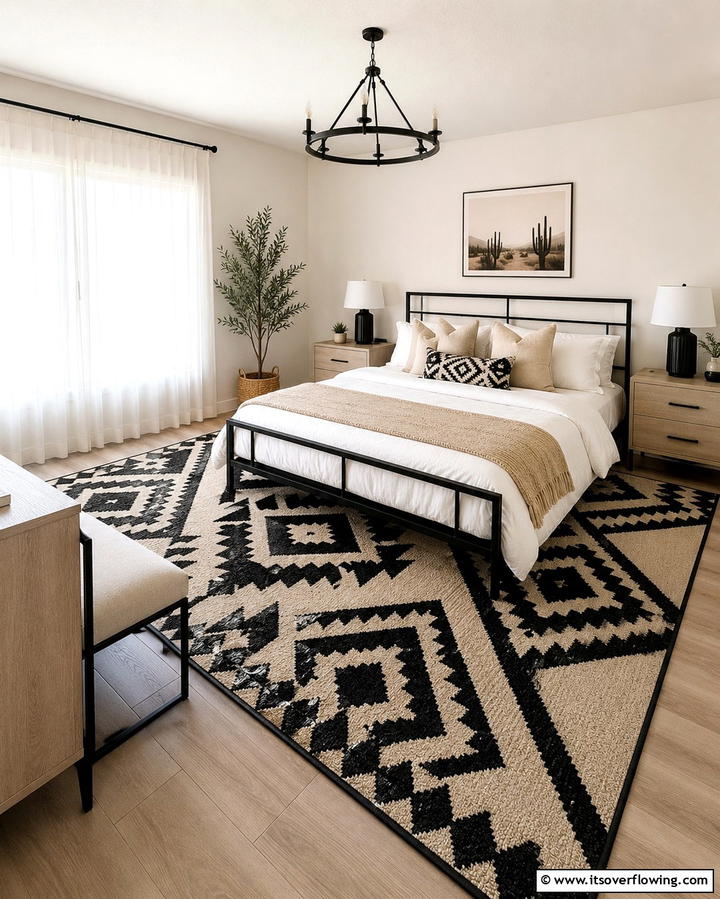 Black and Beige Geometric Rug - 25 Elegant Black and Beige Bedroom Design Ideas