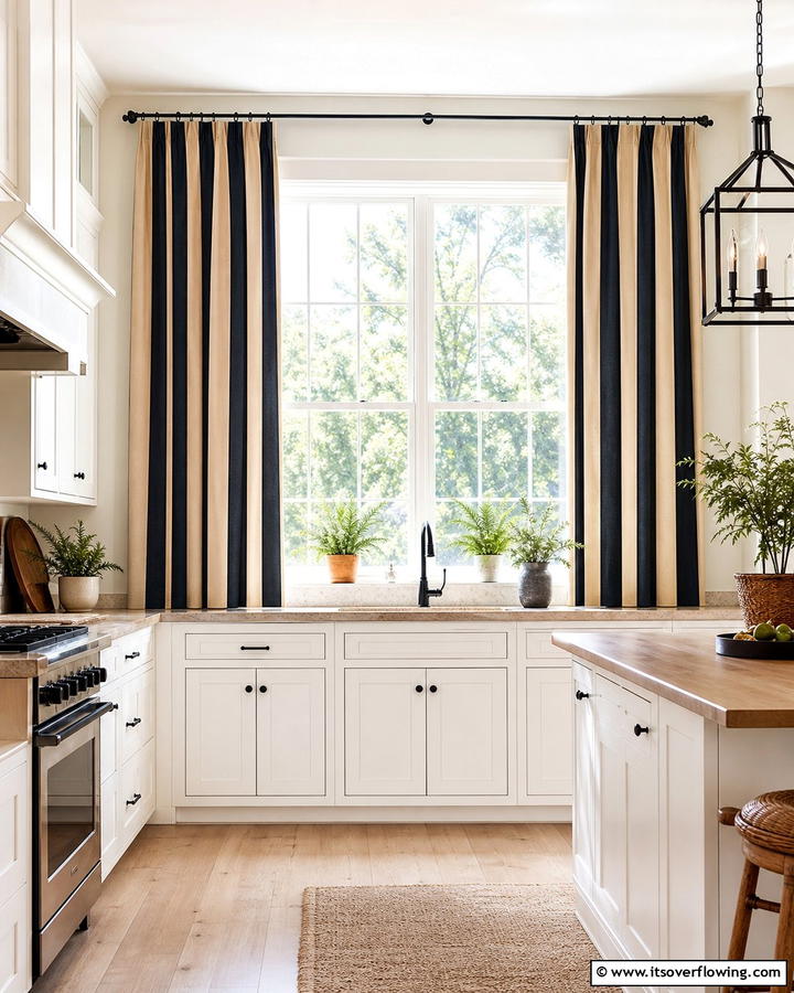 Black and Beige Striped Curtains - 20 Black and Beige Kitchen Ideas for a Timeless Look