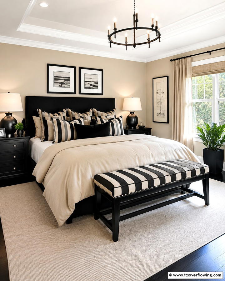 Black and Beige Striped Pillows - 25 Elegant Black and Beige Bedroom Design Ideas