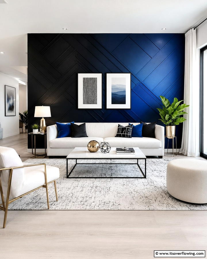 Black and Blue Accent WallOne - 25 Bold Black and Blue Living Room Ideas for a Statement