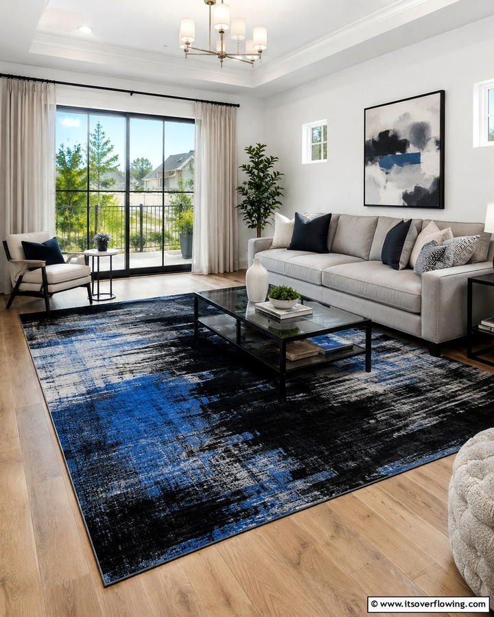 Black and Blue Area Rug - 25 Bold Black and Blue Living Room Ideas for a Statement