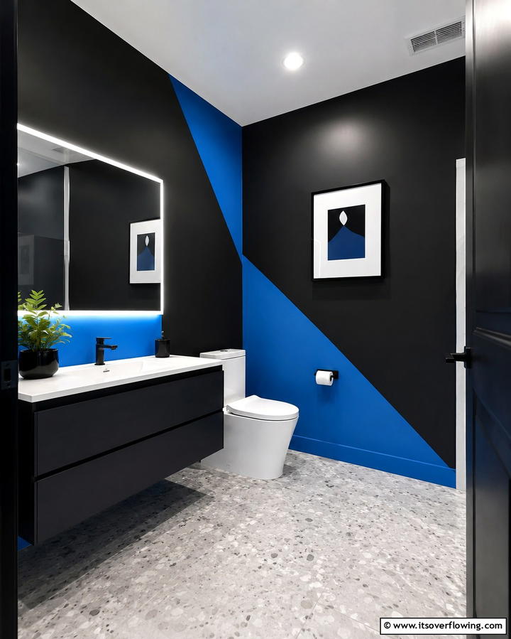 Black and Blue Color Block Bathroom Walls - 30 Striking Black and Blue Bathroom Ideas for Dramatic Flair