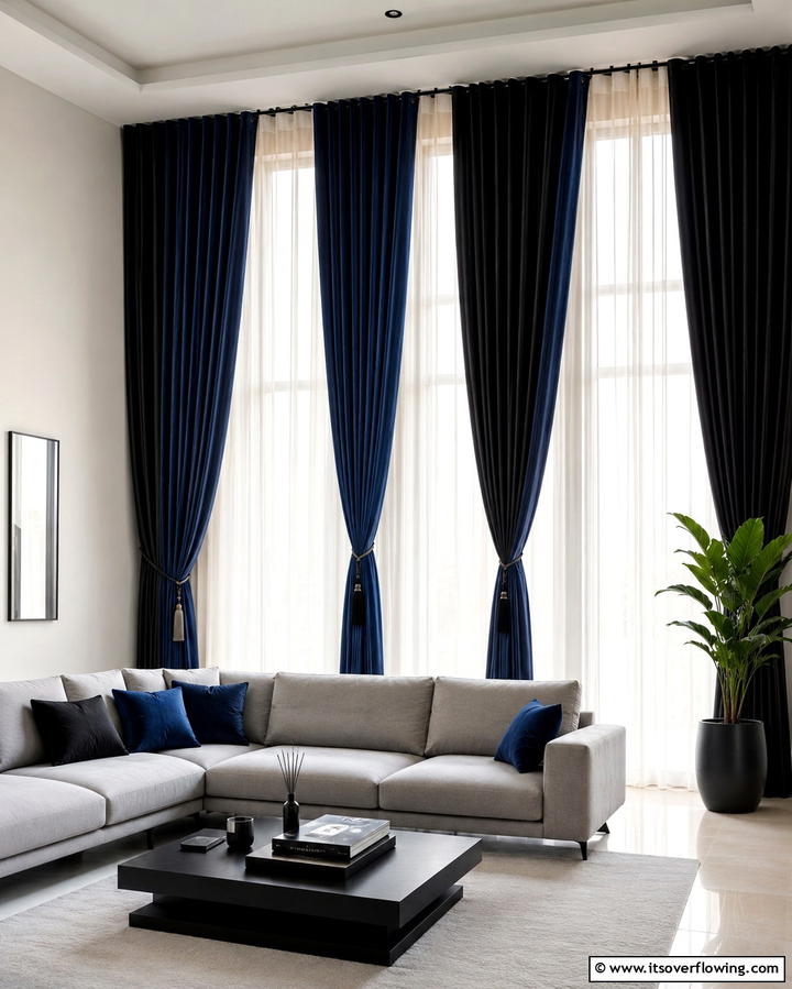 Black and Blue Curtains - 25 Bold Black and Blue Living Room Ideas for a Statement