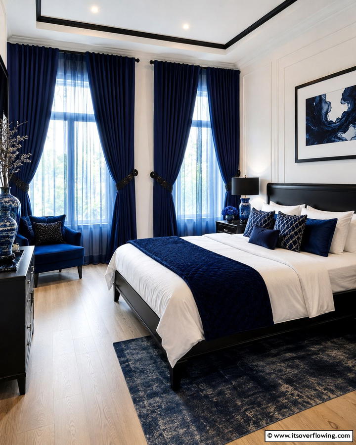 Black and Blue Curtains - 25 Black and Blue Bedroom Ideas for a Bold Statement