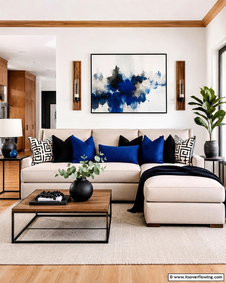 Black and Blue Cushions on a Neutral Sofa - 25 Bold Black and Blue Living Room Ideas for a Statement