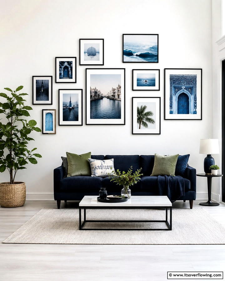Black and Blue Gallery Wall - 25 Bold Black and Blue Living Room Ideas for a Statement