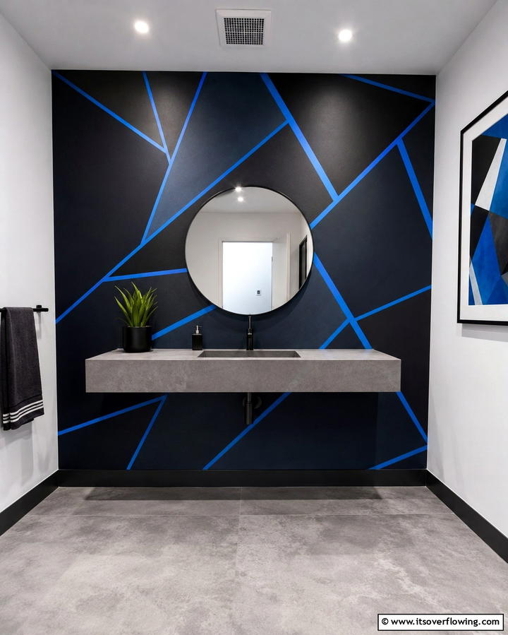 Black and Blue Geometric Patterns on Walls - 30 Striking Black and Blue Bathroom Ideas for Dramatic Flair