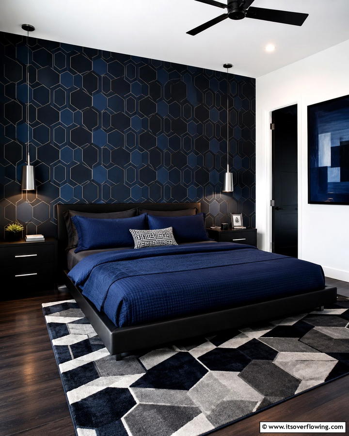 Black and Blue Geometric Wallpaper - 25 Black and Blue Bedroom Ideas for a Bold Statement
