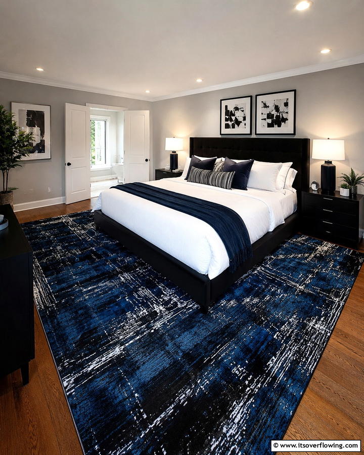 Black and Blue Patterned Rugs - 25 Black and Blue Bedroom Ideas for a Bold Statement