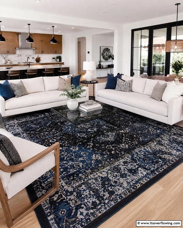 Black and Blue Rug for Cohesion - 25 Bold Black and Blue Living Room Ideas for a Statement