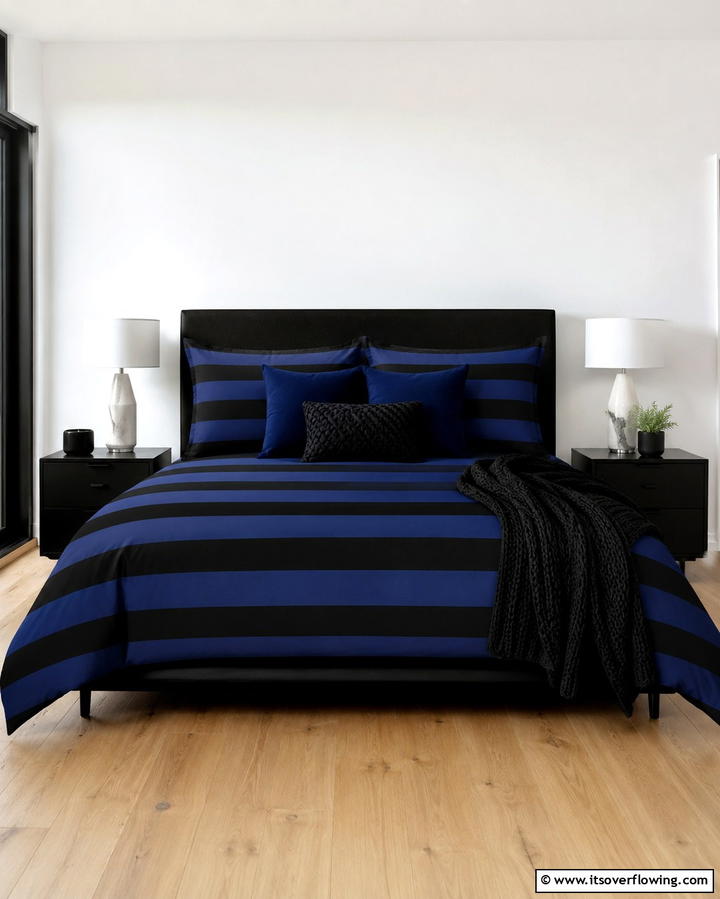Black and Blue Striped Bedding - 25 Black and Blue Bedroom Ideas for a Bold Statement
