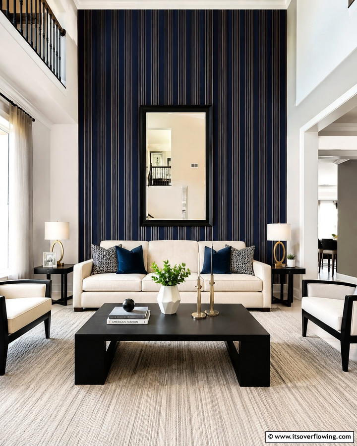 Black and Blue Striped Wallpaper - 25 Bold Black and Blue Living Room Ideas for a Statement
