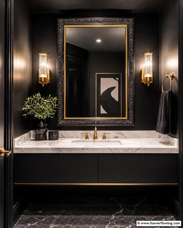 Black and Brass Mirror Frame - 25 Elegant Black Powder Room Ideas for a Bold Look