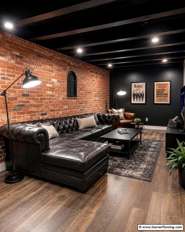 Black and Brick Combination - 30 Black Basement Design Ideas for a Modern & Cozy Space